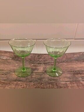 Vintage Vaseline Uranium Cordial Green Depression Glasses Set Of 2